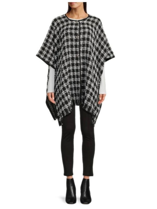 Karl Lagerfeld Sweaters - Karl Lagerfled Tweed Plaid Oversized Button-Up Poncho Knit Sweater Black OS